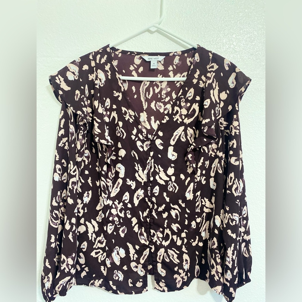 Nine West Black and White Flutter Sleeve Blouse
